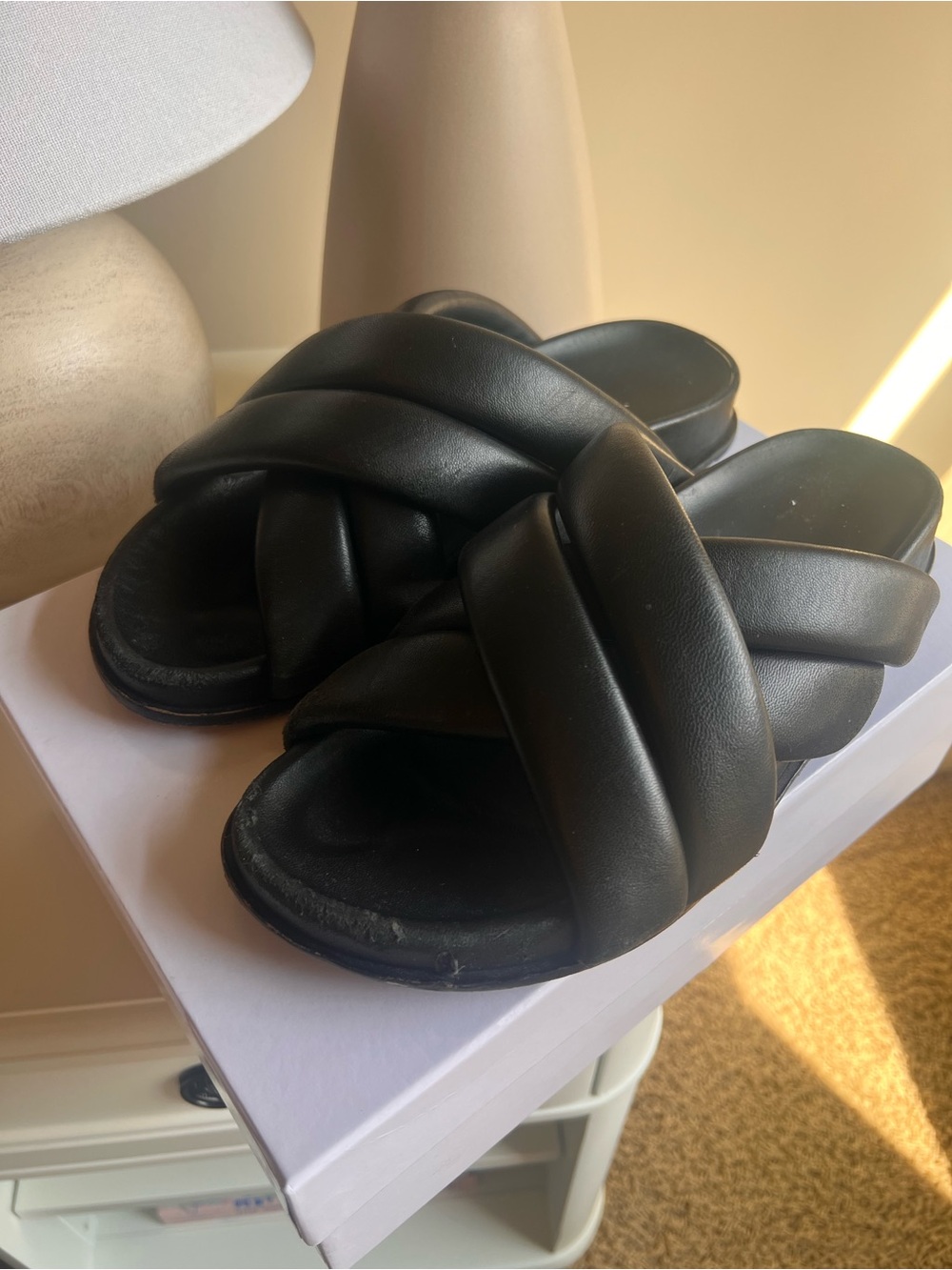 Anine Bing Black Padded Leather Crisscross Slide Lizzie Sandals Size 39